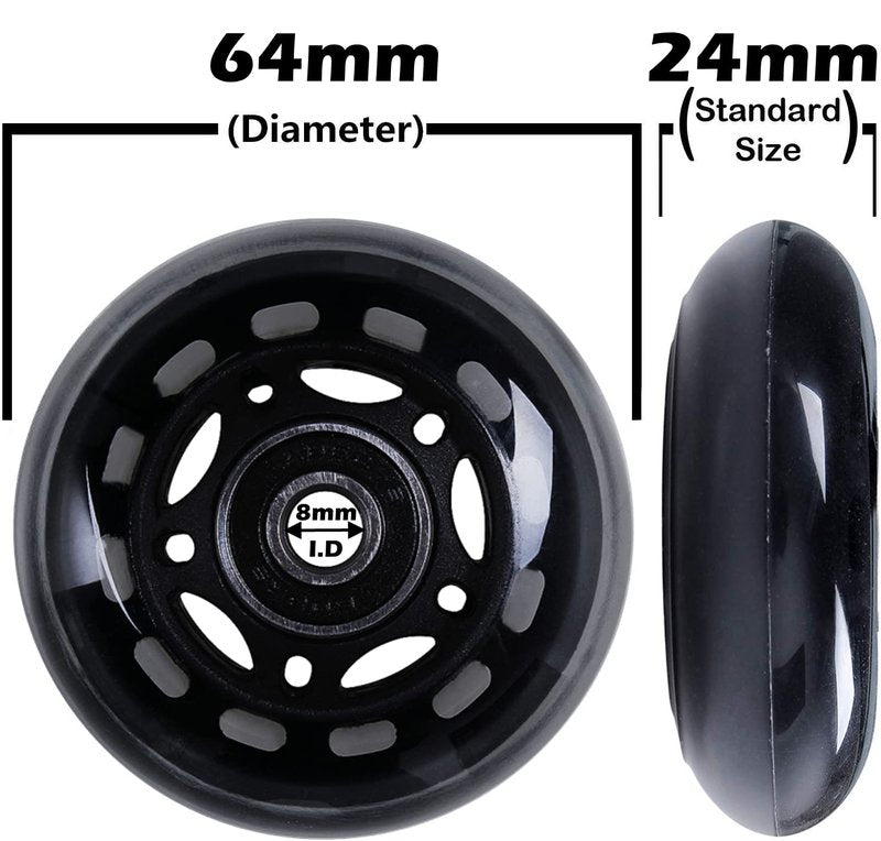 AOWISH 64mm Inline Skate Wheels 64mm x 24mm Roller Hockey Replacement Wheels w/Bearings for Roller Board Bag, Luggage Suitcase, Water Rower Seat, Steady Rest Wood Lathe (4-Pack) (Black)
