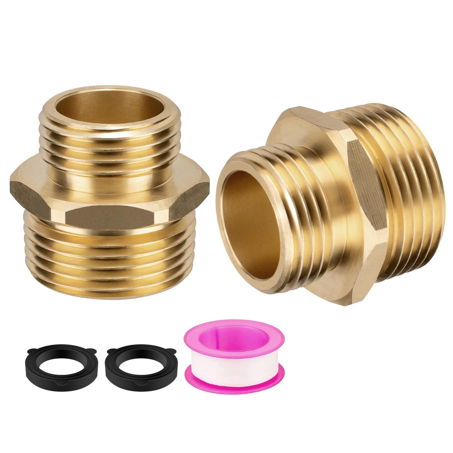 3/4" GHT Male x 1" NPT Male Hose Connector, Brass Garden Hose Adapter, Hex Nipple Reducer, Industrial Metal Brass Garden Hose to Pipe Fittings Connect (2-Pack)