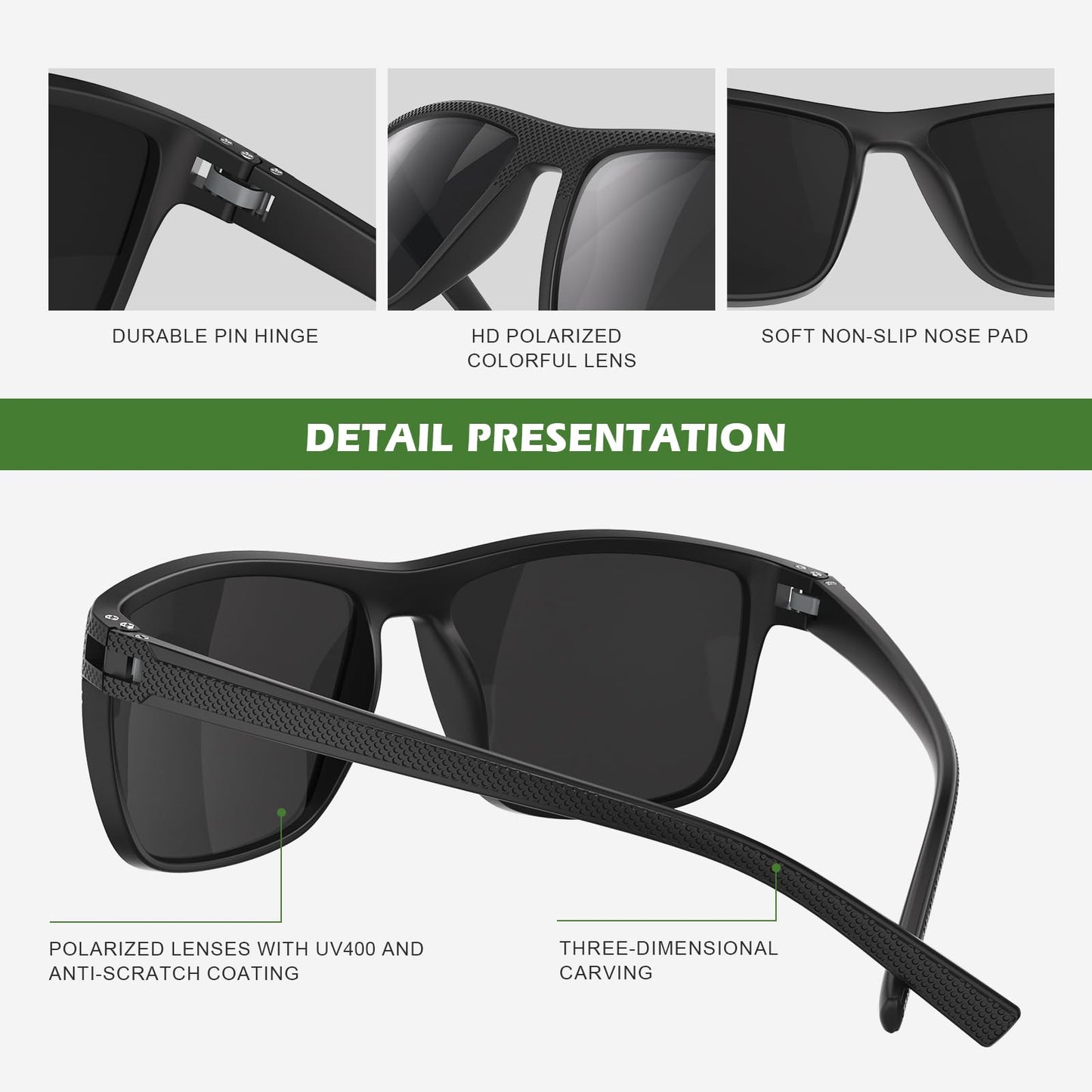 Fanshen Square Polarized Sunglasses for Men, 3 Pack Lightweight UV Protection Sun Glasses for Driving Fishing Golf (Black/Ice Blue/Brown)