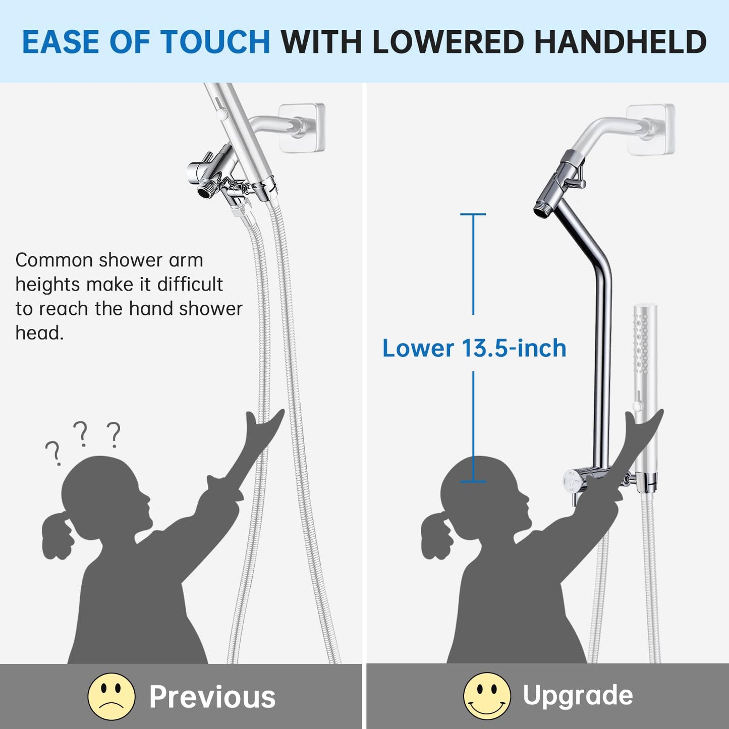 G-Promise All Metal Shower Diverter with Low Holder, Extended 13.5 Inch, Includes Rain Shower head, 3-Function Hand Shower with Massage Mode, Stainless Steel Long Hose (Chrome)