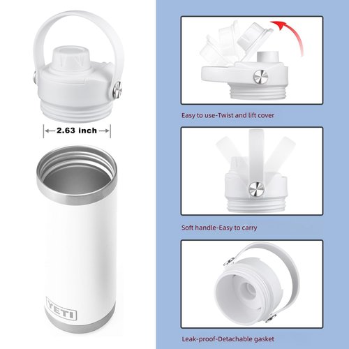 Lid for Yeti Rambler 26 36 64 oz, Cap with Flexible Handle, Replacement Chug Lids for Yeti Jr 12 18 Ounce Kids Sports Water Bottles, Water Bottle Accessories Top, White