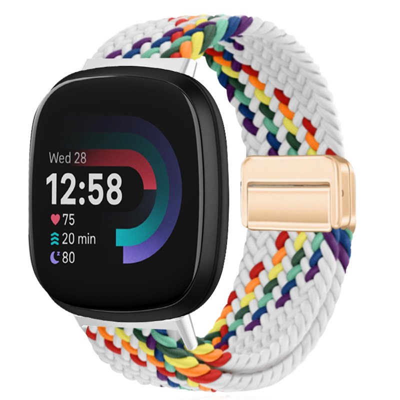 MokaZii Magnetic Braided Compatible with Fitbit Versa 4/3/Sense 2 /Sense for Men Women, Nylon adjustable Breathable Replacement Stretchy Elastic Sport Strap for Fitbit Versa 4/3/sense - White Rainbow