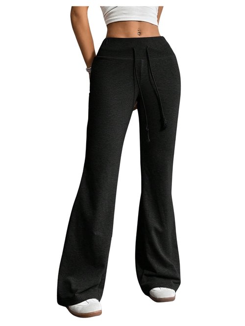 SHENHE Women's Drawstring Waist Bell Bottom Flare Leg Sweatpants Sports Causal Pants Black Small