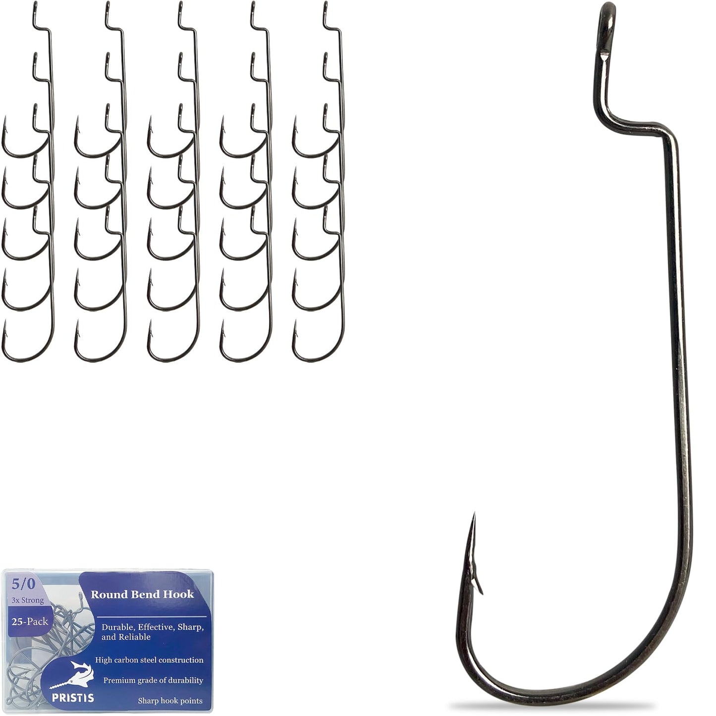 Pristis 25 Pack 5/0 Round Bend Worm Hooks, Strong High Carbon Steel Weedless Inline Fishing Hook Set Kit for Saltwater Freshwater Drop Shot Rig, Reinforced Barbs for Bass Pike Crappie Walleye Trout