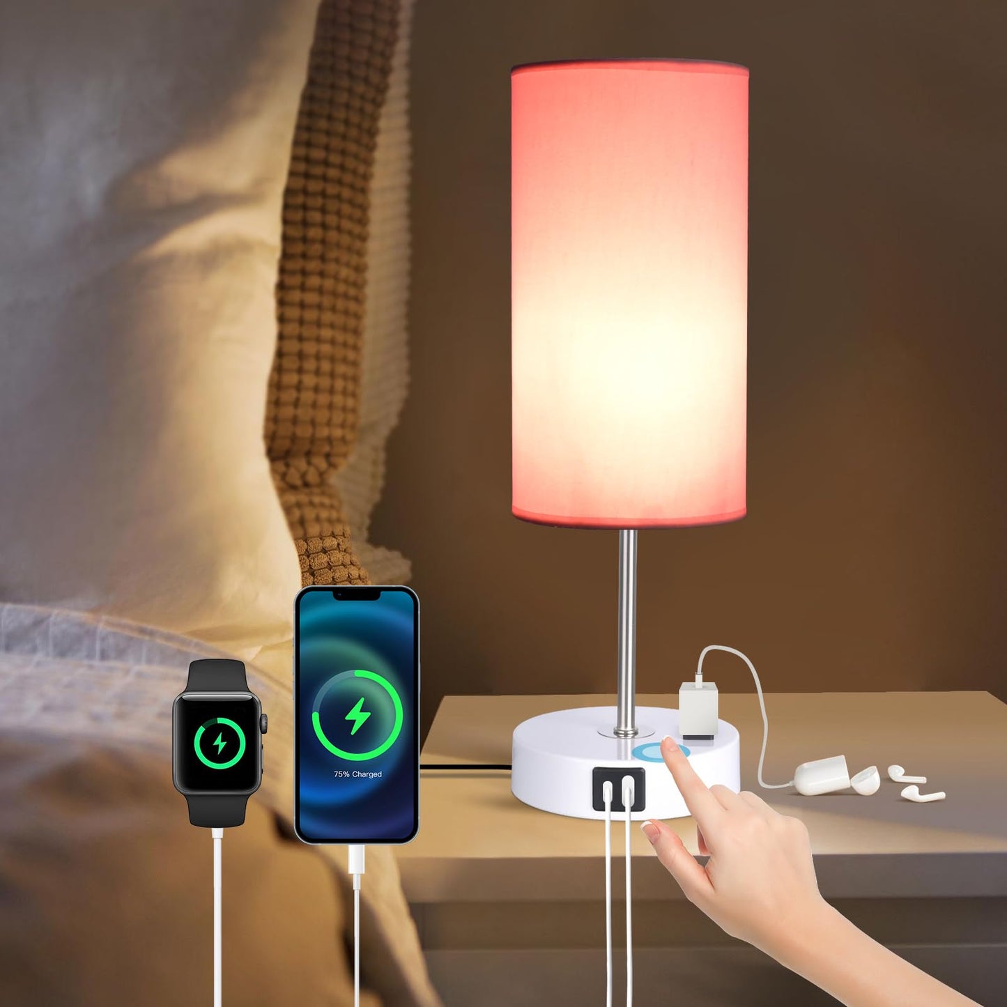 Gugsey Table Lamp with USB Port - Desk Lamp Touch Lamp Bedside Lamps for Bedroom, 3 Way Dimmable Small Lamps for Living Room, Nightstand, Nursery, Dorm, Home, Office, White Base+ Pink Lampshade