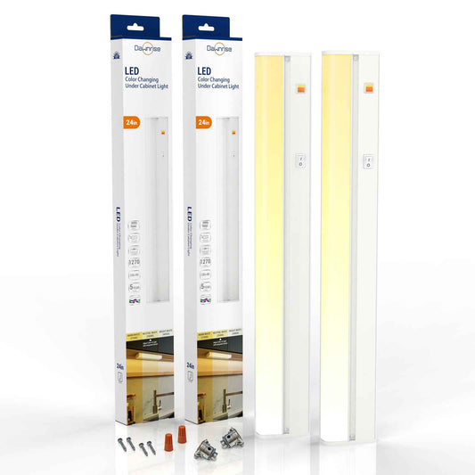 Dawnrise 24" Hardwired Under Cabinet Light (2 Pack), Linkable,1270 Lumens, 3 Color Selectable, Brightness Adjustable, Under Counter Lights for Kitchen, Wide Luminous Surface, White Finish, Metal Base