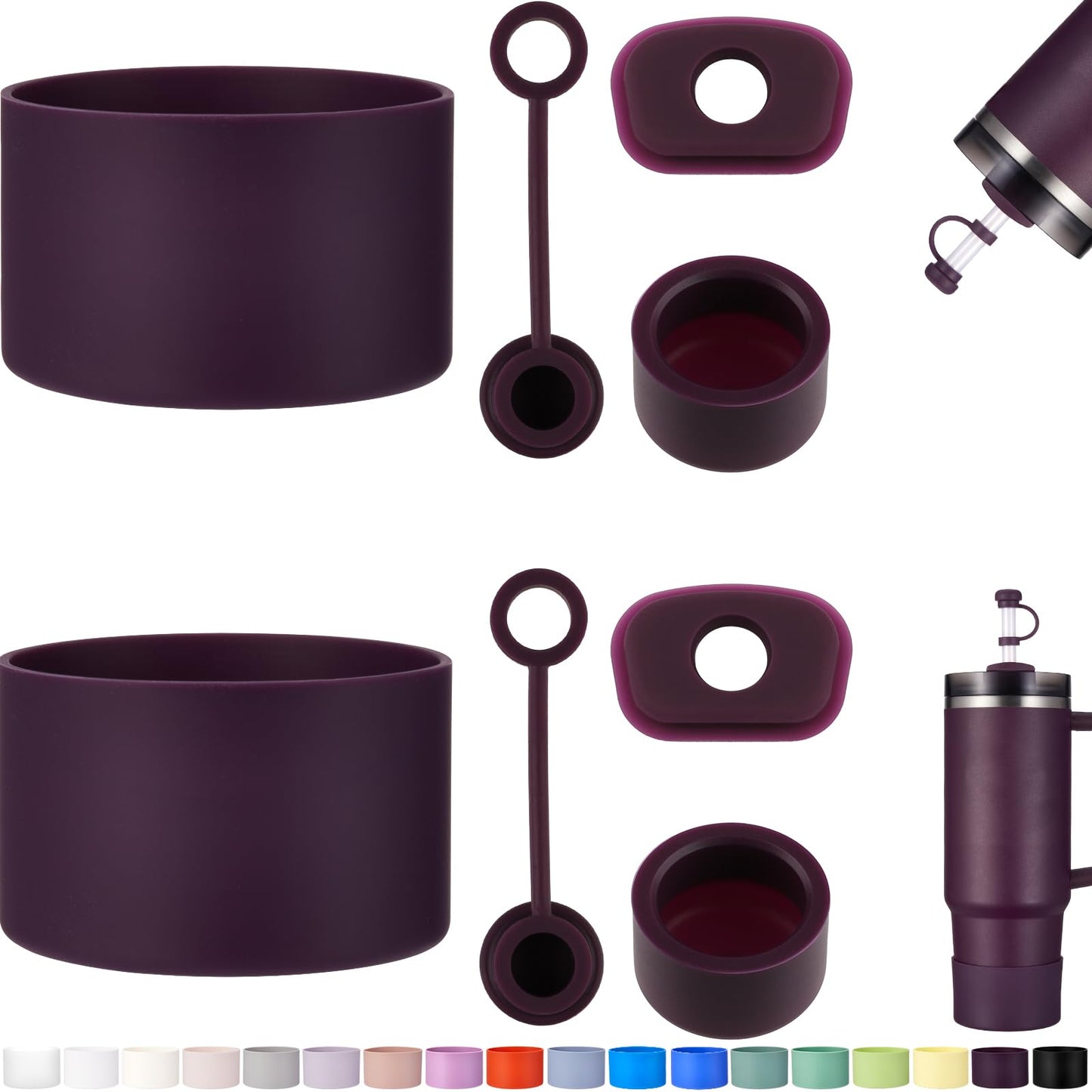 HYZ 8 Piece Accessories for Stanley Cup, Silicone Spill Proof Stopper Set and Protective Boot Including Straw Cover Cap for Stanley H2.0 20oz 30oz 40oz Tumbler, Plum