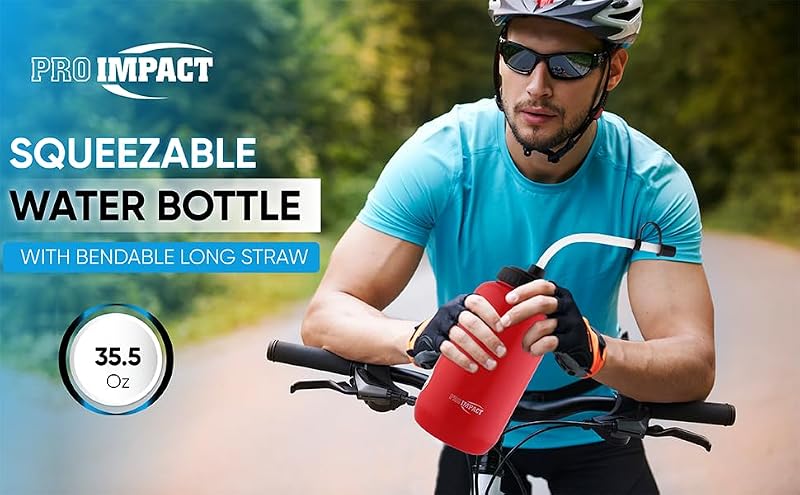 Pro Impact Red Squeezable Water Bottle 35.5 oz with Bendable Long Straw - BPA Free
