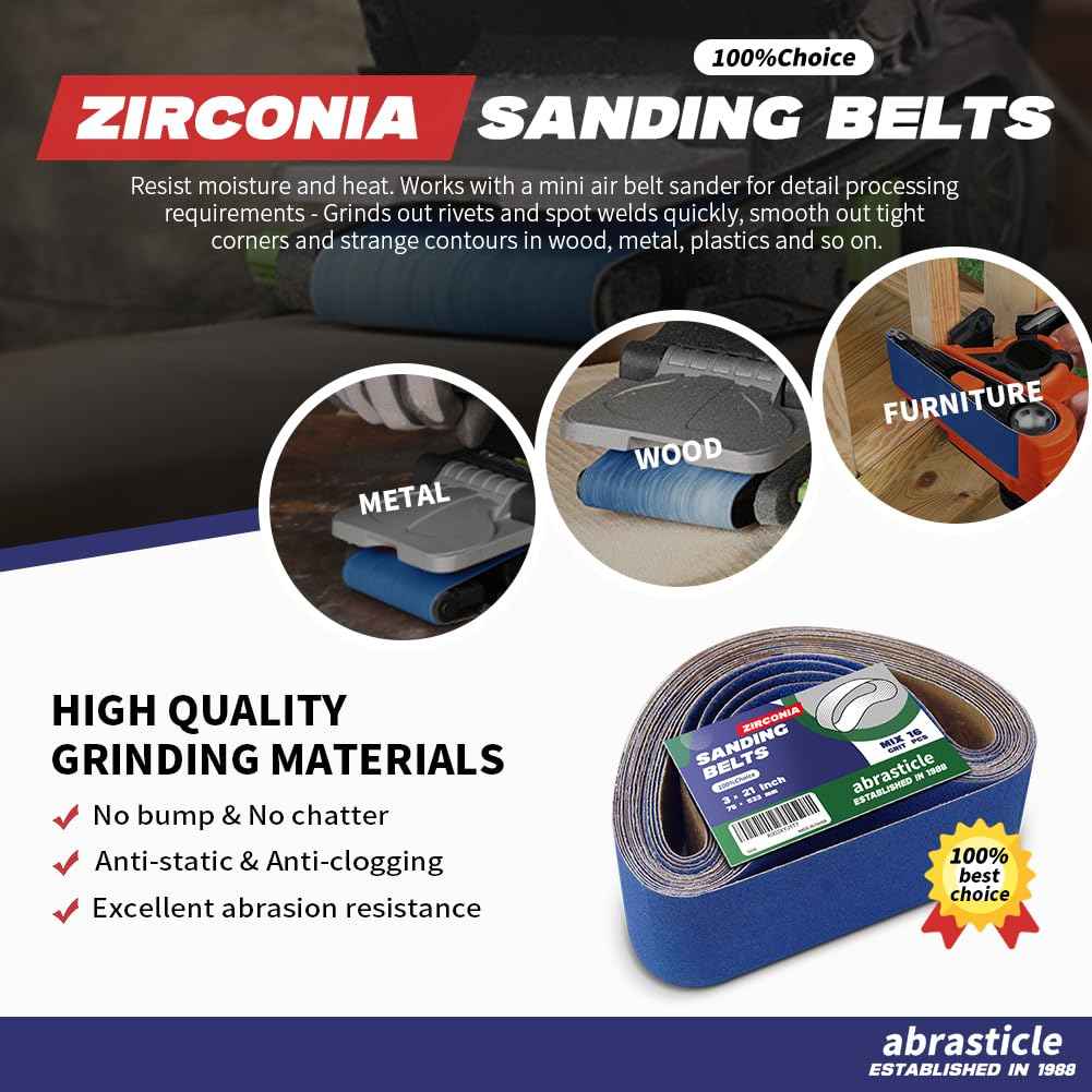 3" x 21" Zirconia Sanding Belts for Metal, 3 x 21 Inch Zirconia Metal Grinding Sand Paper, 16 PCS 4 Each of 60/80/120/240 Assorted Grits