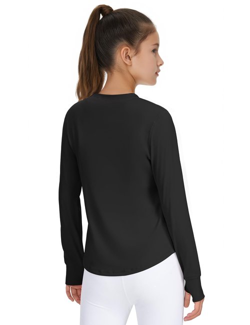 JOCMIC Girls Long Sleeve Shirts Athletic Shirt with Thumbholes Kids Crew Neck Basic Tee Tops for Sports Gym Yoga Black 11-12 Years