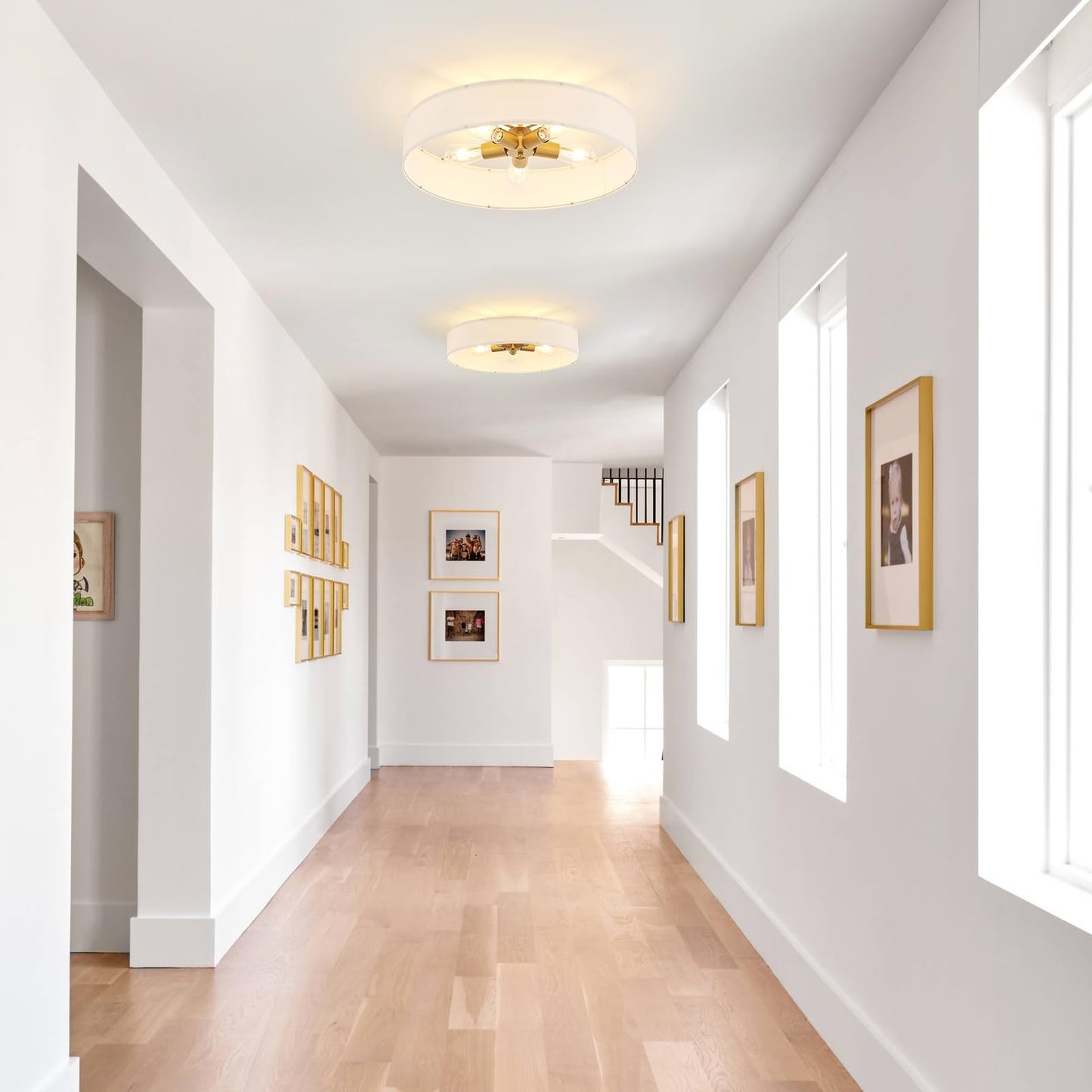 VILUXY Gold Semi-Flush Mount Ceiling Light Fixture with 24" Large White Fabric Drum Shade 5-Light for Bedroom Dining Room Entryway Round Ceiling Lamps