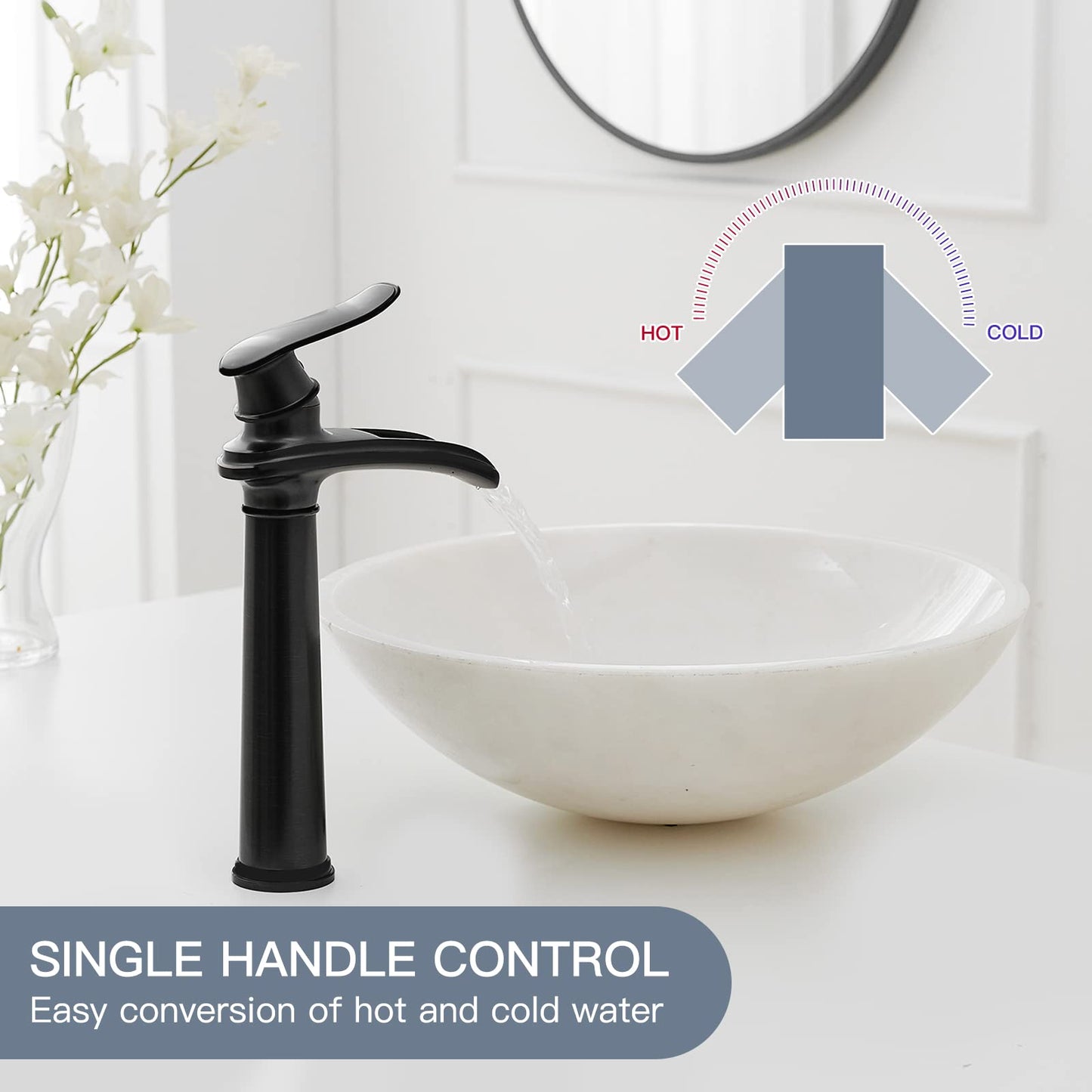 BWE Vessel Sink Faucet Waterfall Matte Black Bathroom Faucets Single Hole Single Handle Bathroom Sink Faucet Tall Vessel Faucet with Pop Up Drain and Water Supply Line