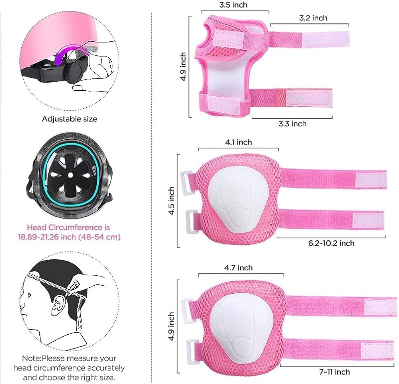 Adjustable Kids Helmet with Knee, Elbow & Wrist Pads - Pink, Small (3-8 Years)