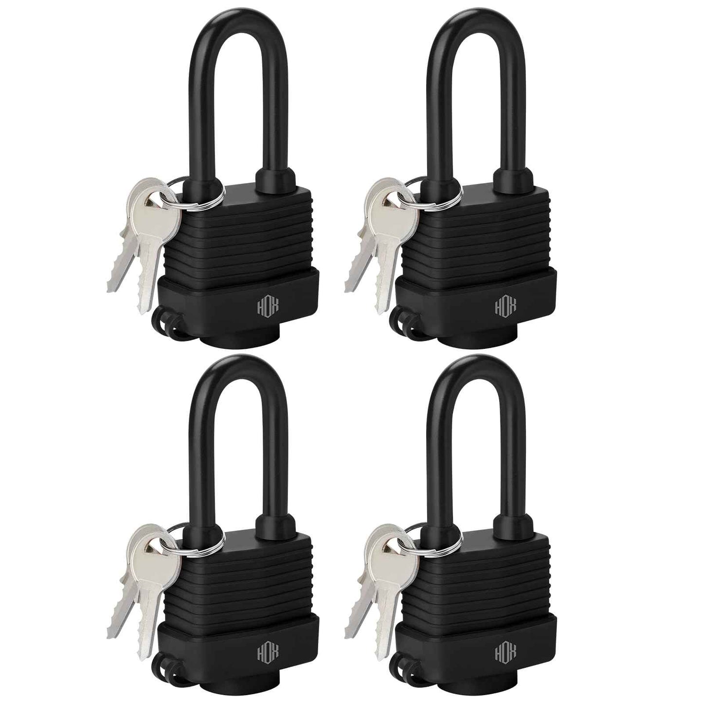 HOX 4-Pack Weather Resistant Padlocks – 40mm Laminated Steel, Chrome Plated with 2-inch Shackle, Vinyl Wrapped, Hardened Steel for Extra Security