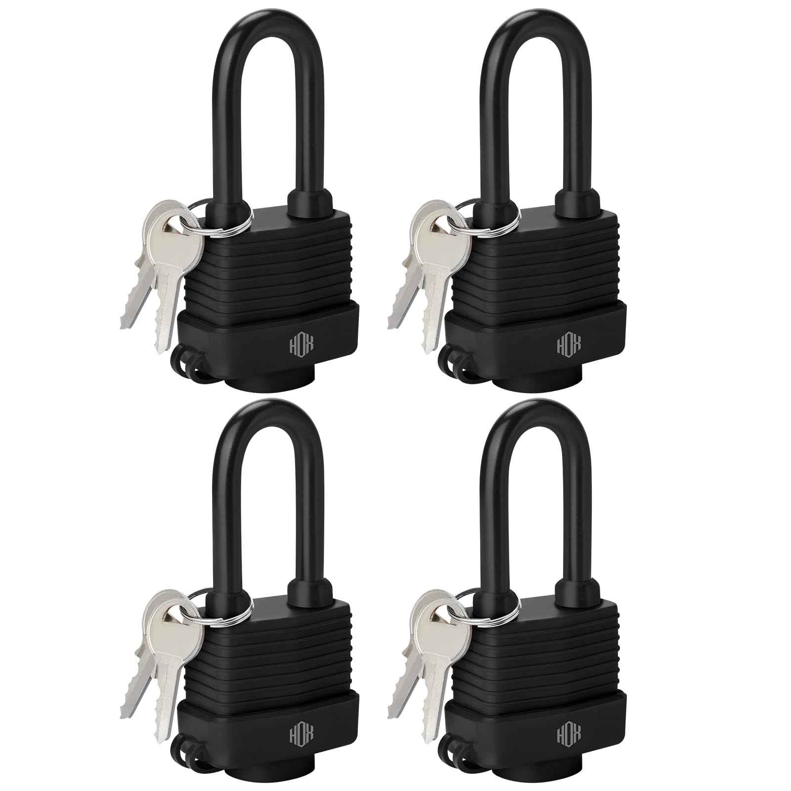 HOX 4-Pack Weather Resistant Padlocks – 40mm Laminated Steel, Chrome Plated with 2-inch Shackle, Vinyl Wrapped, Hardened Steel for Extra Security