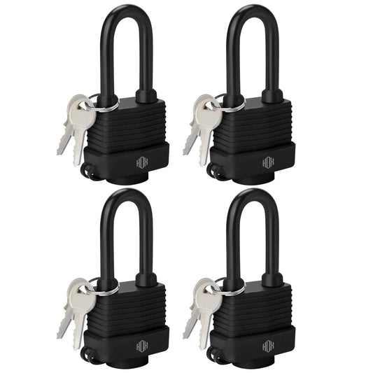 HOX 4-Pack Weather Resistant Padlocks – 40mm Laminated Steel, Chrome Plated with 2-inch Shackle, Vinyl Wrapped, Hardened Steel for Extra Security