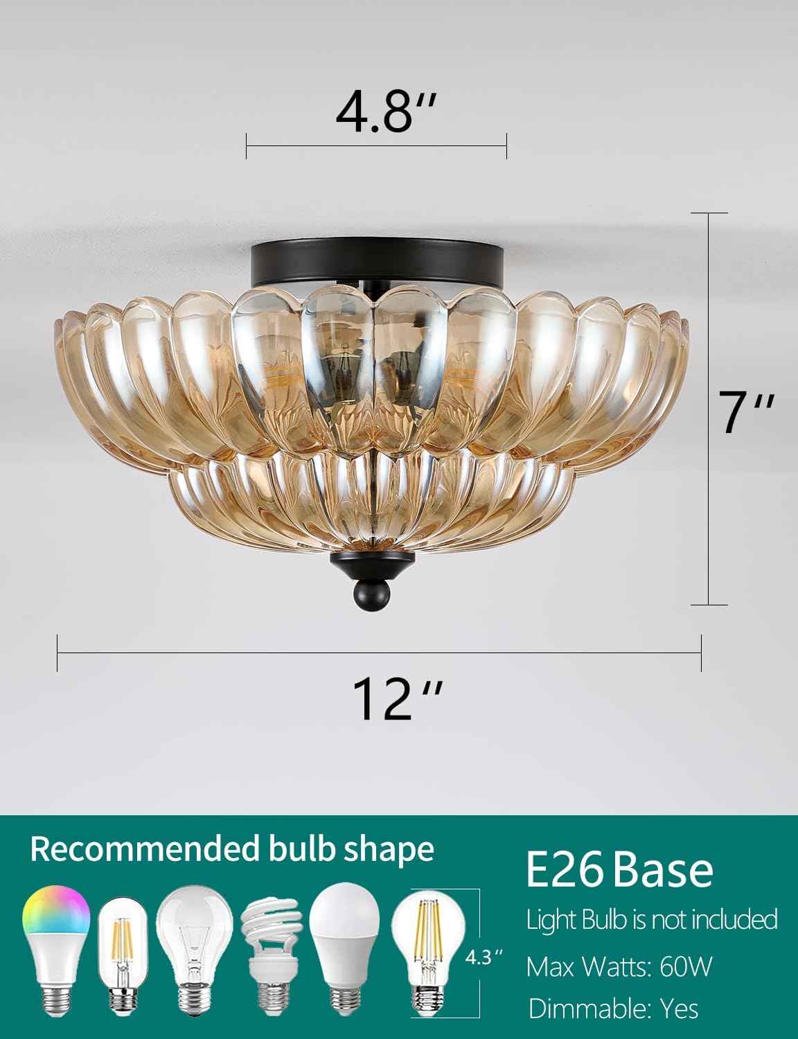 Modern 3-Bulb Semi Flush Mount Ceiling Light Fixture - Vintage Amber Glass for Bedroom, Kitchen, Living Room