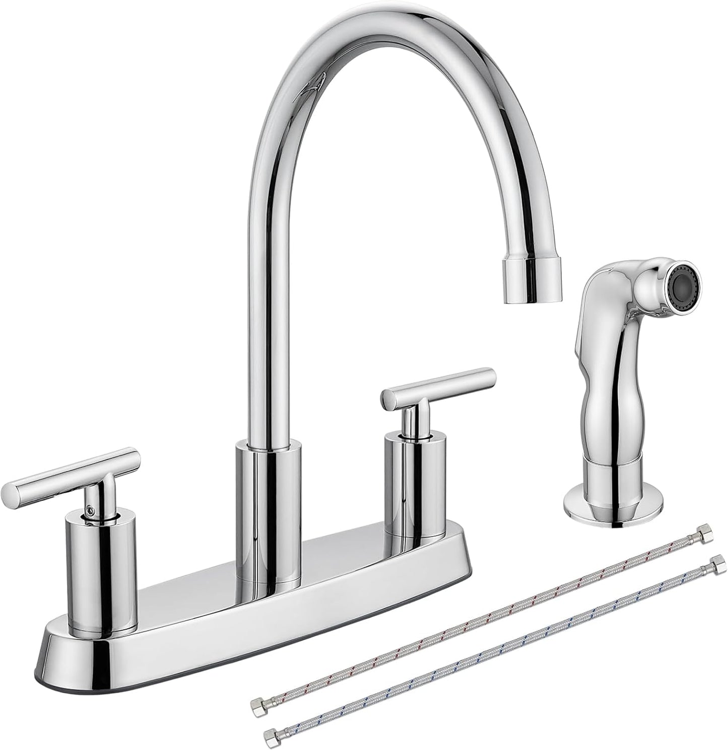 Brushed Nickel Kitchen Faucet with 360° Rotating Spout & Side Sprayer - 2 Handle, 8 Inch Centerset