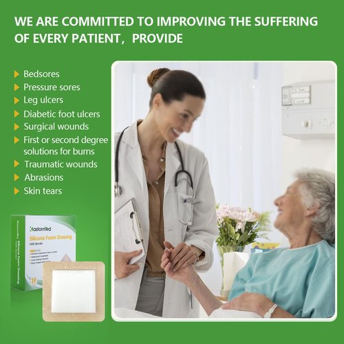 kastormed Silicone Adhesive Foam Dressing with Gentle Border 4''x4'' 10 Pack, High Absorbency Foam Wound Bandage for Bed Sore, Leg Ulcer, Diabetic Ulcer
