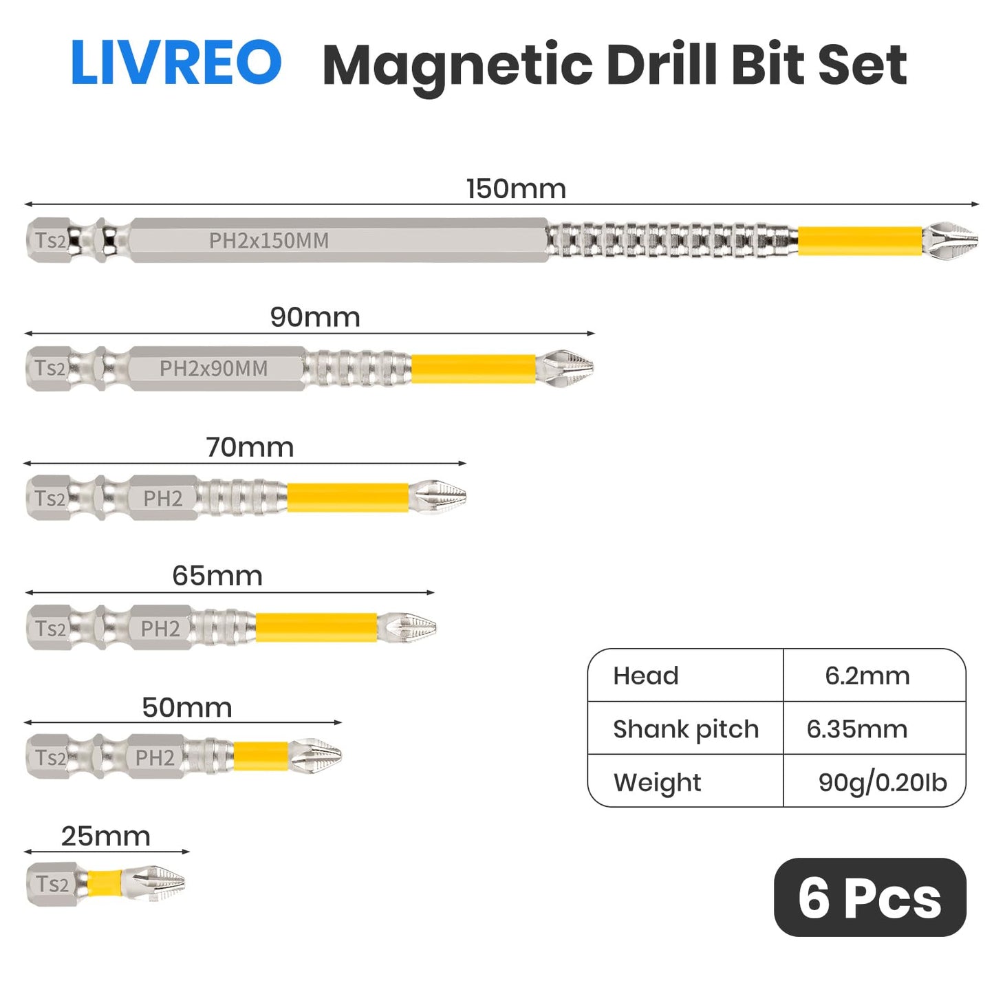 LIVREO High Magnetic Screwdriver Drill Bit Set, K5 Impact Resistant Non Slip Bit, Strong Magnetic Drill Bit Set, Anti-Slip Magnetic Electric Screwdriver Set, 25 50 65 70 90 150mm (6Pcs)