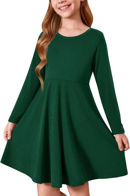 Haloumoning Girls Long Sleeve A-Line T-Shirt Dress - Twirly Skater Style for Ages 5-14