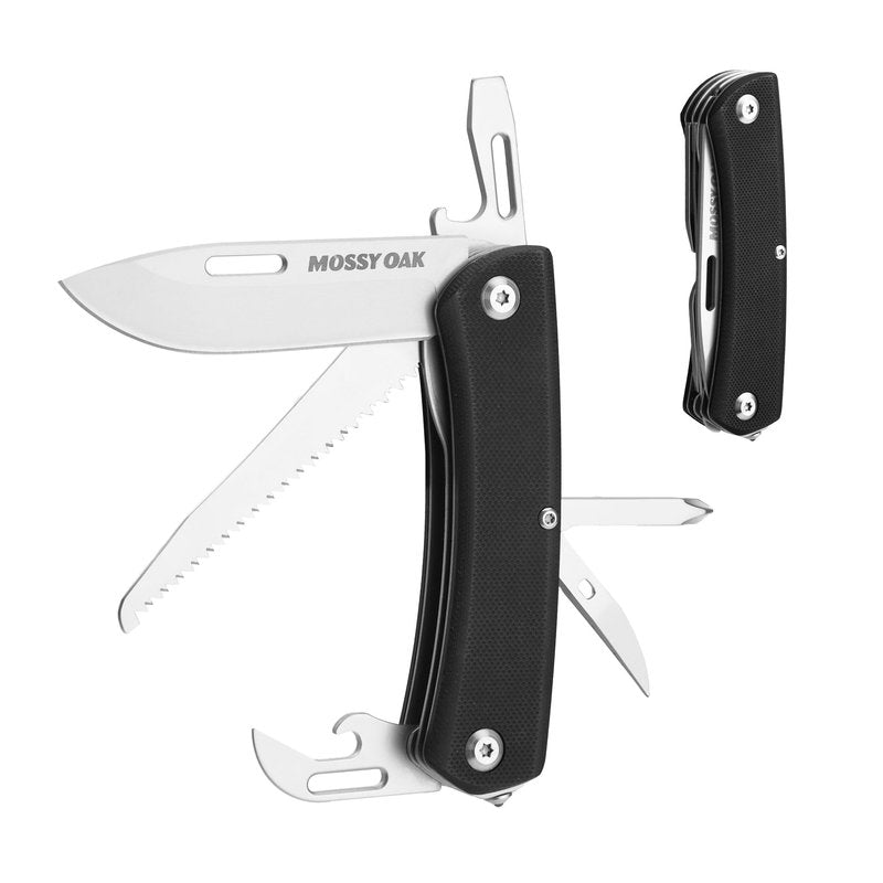 MOSSY OAK Multitool Pocket Knife – 10-in-1 Folding Pocket Knife Multitool with Stainless Steel Blade, Saw, Can Opener, Screwdrivers – EDC Tool for Camping, Hiking, Survival