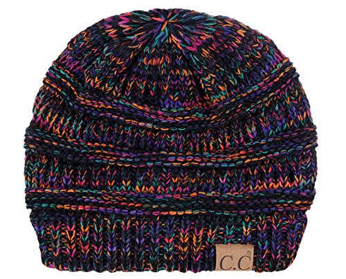 Warm Chunky Soft Stretch Cable Knit Beanie - Black Multi, One Size