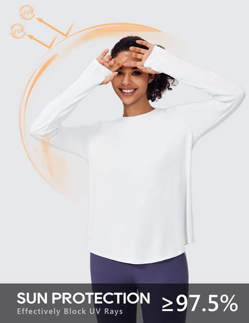 PINSPARK Long Sleeve Workout Tops for Women Soft UV Protection Shirts with Thumb Holes Rash Guard Garden Hiking Gym Running Shirts,White X-Large