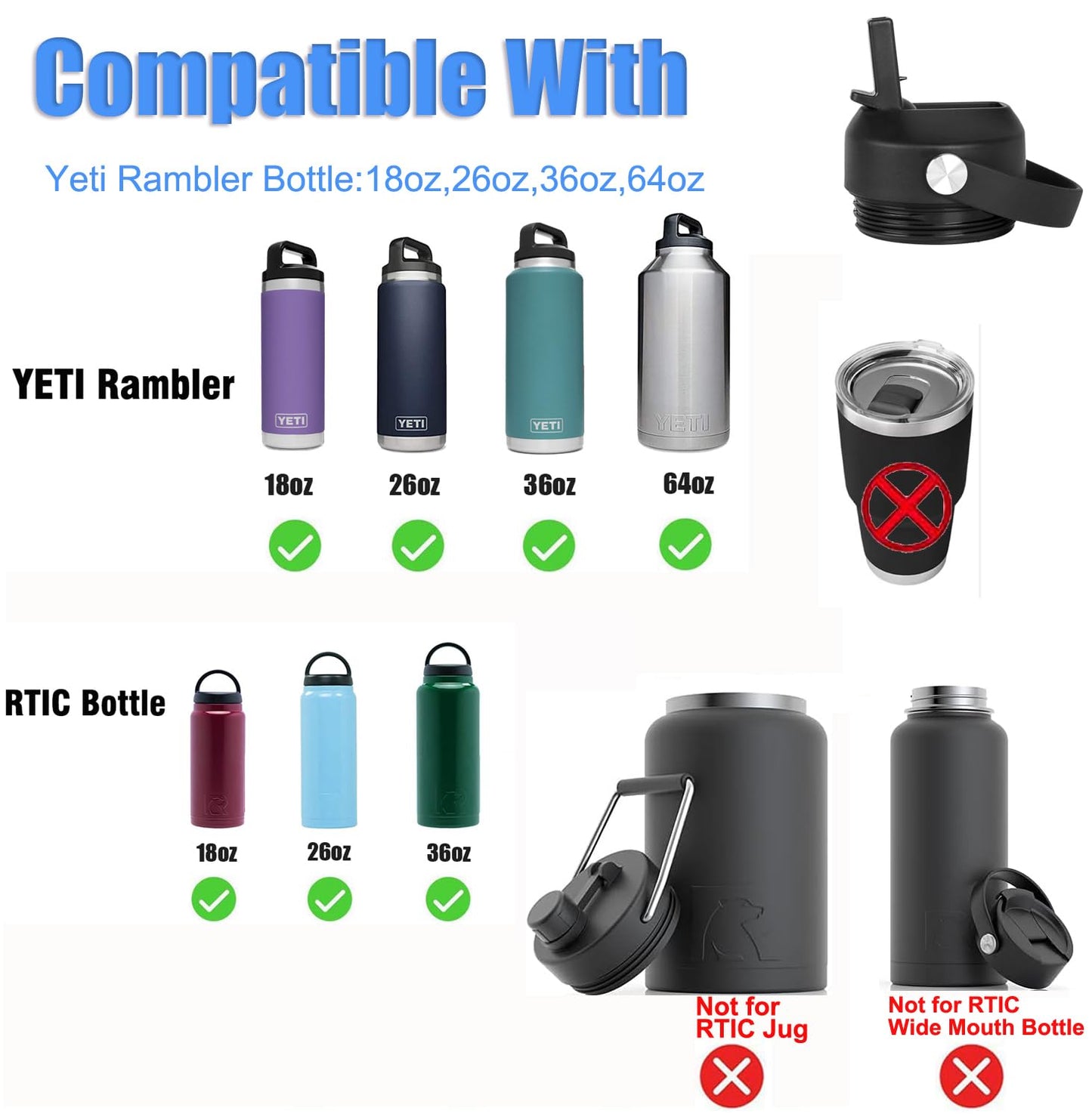 Straw lid for Yeti Rambler Water Bottle 18 26 36 64 oz, Replacement Cap Straw Cap for Yeti 18oz 26oz 36oz, Lid with Straw and Brush and Flexible Handle ﻿