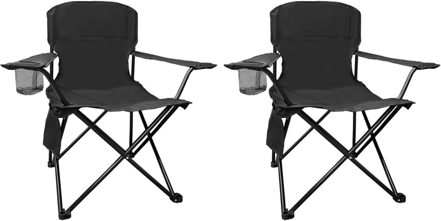 Skiennix Folding Camping Chairs - Heavy Duty Collapsible Lawn Chairs with Cooler Bag & Storage Pocket - Supports 225lbs, Black