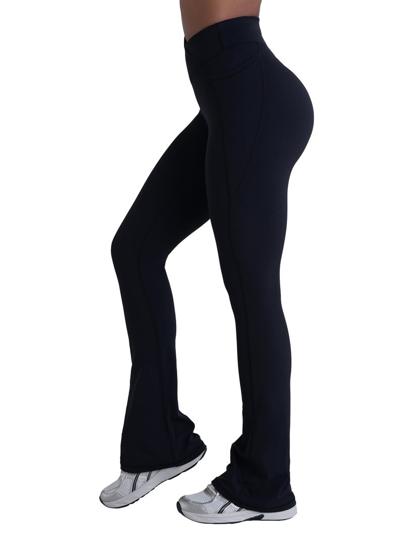 Sunzel Hidden Butt Lifting Scrunch Flare Leggings for Women with Pockets No Front Seam Tummy Control Mini Flared Yoga Pants 32" Inseam Black Large