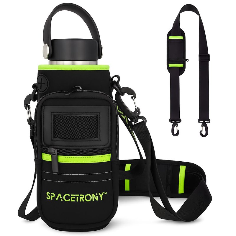 Neoprene Water Bottle Sleeve for 12/20/32 oz Bottles - Water Bottle Holder with Straps for Shoulder/Crossbody - Pockets for Phone, Keys & Cards – Sling Bag for Outdoor/Running/Hiking/Camping (Green)