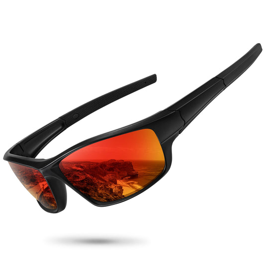 Ofwin Polarized Sports Sunglasses for Men Women Driving Cycling Fishing Wrap Around Sun Glasses UV400 Protection Matte Black Frame/Red Mirror Lens