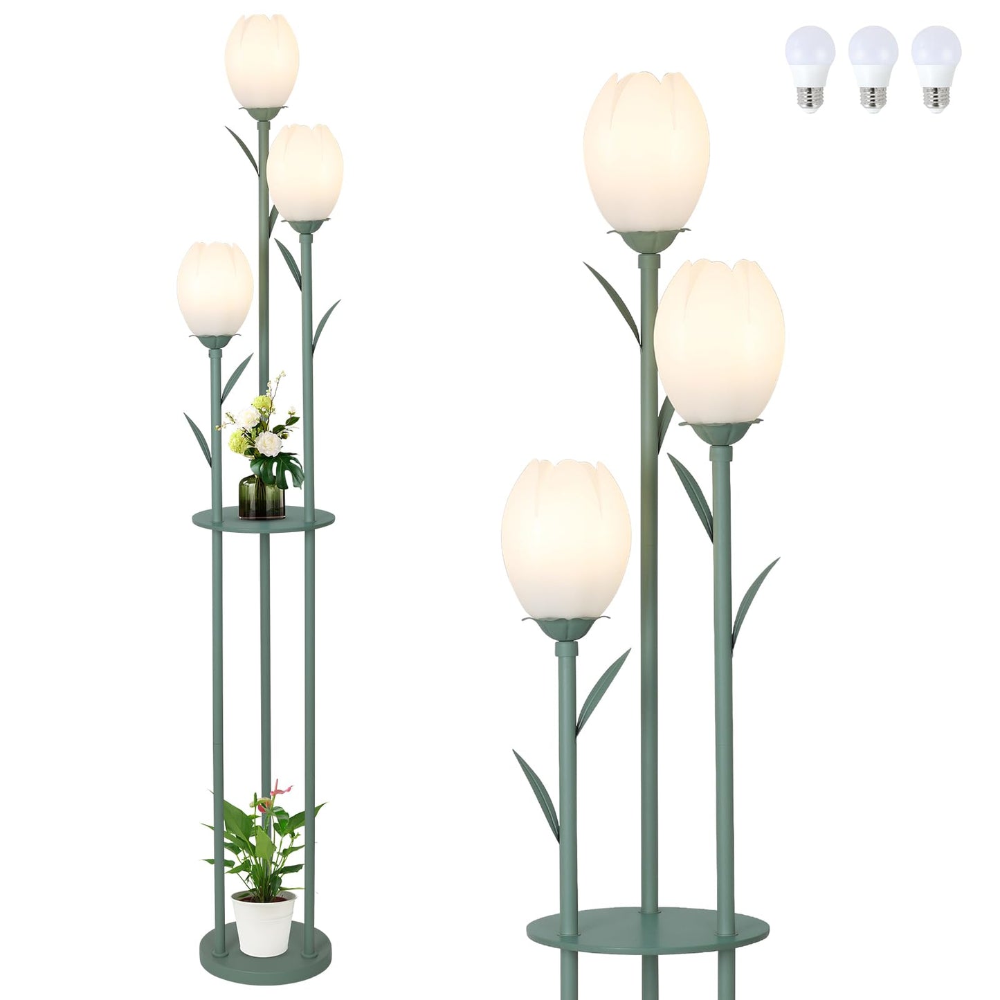 3-Light Flower Floor Lamps for Living Room, Green Floor Lamp with Shelves, Unique Tulip Standing Lamp with 3 LED Blubs, Cute Floral Tall Lamp, Modern Stand Up Light Decor for Bedroom, Kids Room