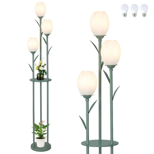 3-Light Flower Floor Lamps for Living Room, Green Floor Lamp with Shelves, Unique Tulip Standing Lamp with 3 LED Blubs, Cute Floral Tall Lamp, Modern Stand Up Light Decor for Bedroom, Kids Room