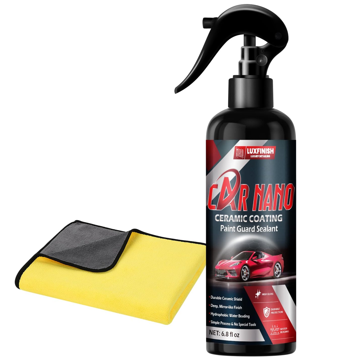 LUXFINISH Pro-Grade Sio2 Ceramic Coating Spray 6.8 oz - Super Hydrophobic Water Beading & Deep Gloss Paint Sealant - 3 Months of Long-Lasting Shine & Sleek Slickness - Ultimate All-Season Defense