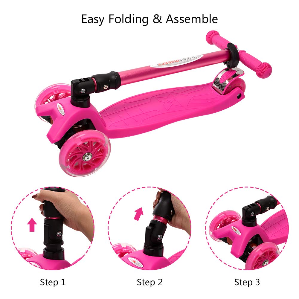 ChromeWheels Foldable Scooters for Kids, Deluxe Kick Scooter 4 Adjustable Height 132lbs Weight Limit 3 Wheel, Lean to Steer LED Light Up Wheels, Best Gifts for Girls Boys Age 3-12 Year Old, Pink