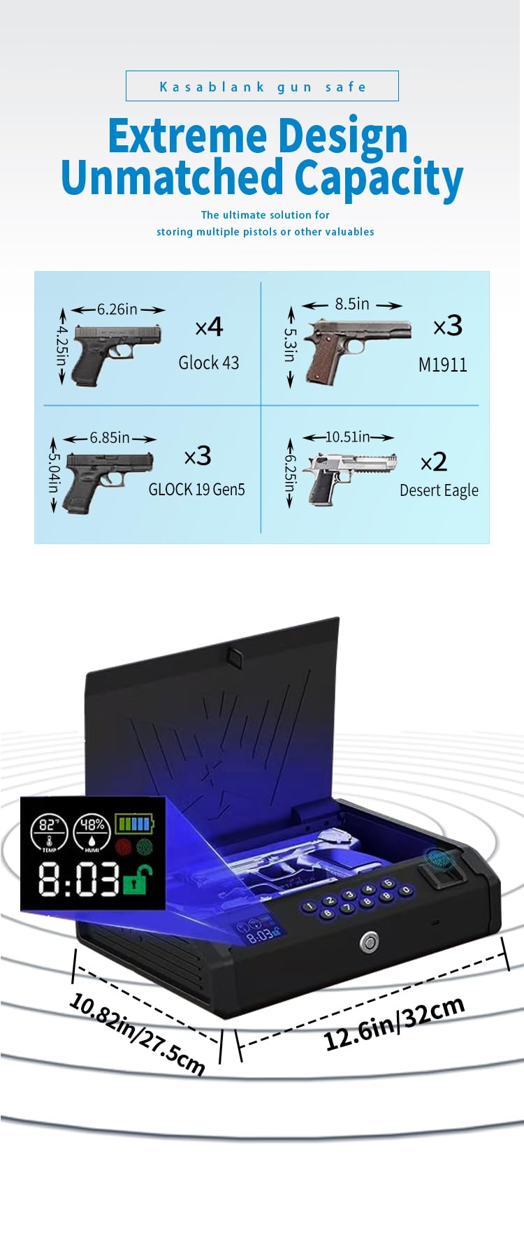 KASABLANK Gun Safe for Pistols - 3 Ways Unlock (Fingerprint/Digital PIN/Key) with Quick Access, LCD Temperature & Humidity Display, Solid Steel Safe for Home, Nightstand, Bedroom, Car and Cloakroom