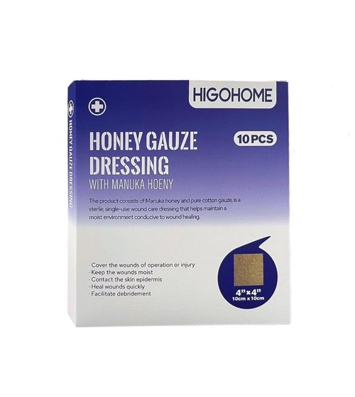 HIGOHOME Manuka Honey Gauze Dressing, 4"x4"- 10 Individual Pack, Manuka Honey Wound Care Gauze, for Cuts, Scald and Burns for Wound Healing Dressing
