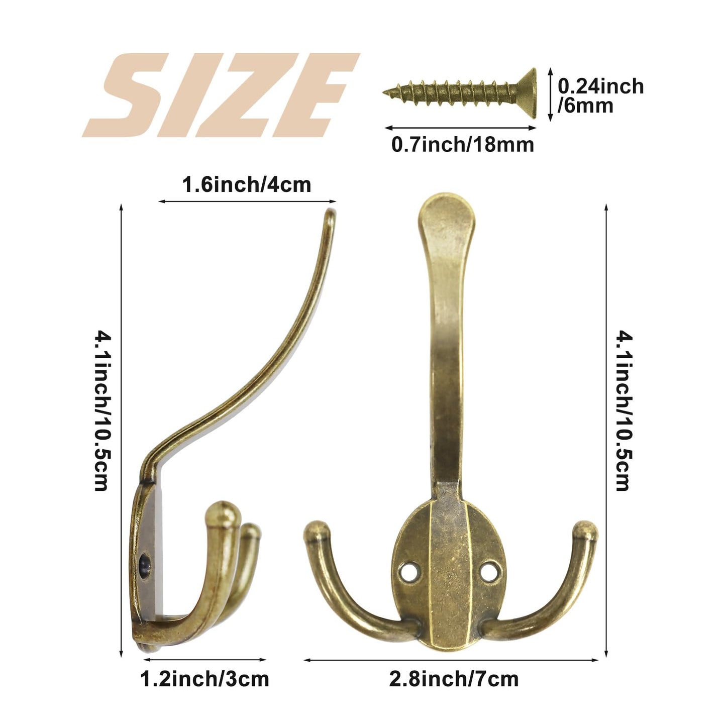 Homanu 8 Pack Coat Hooks Heavy Duty, Metal Three Prongs Large Coat Hooks Wall Mounted with 16 Screws, No Rust Antique Brass Rustic Wall Hooks for Hanging Towel, Coat, Scarf, Bag, Hat, Cup, Key