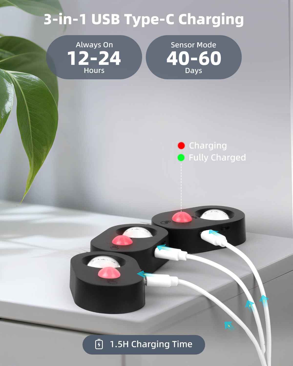 Yiliaw LED Motion Sensor Puck Lights Indoor, Small Rechargeable Under Cabinet Lighting, Dimmable Warm White Closet Lights, Stick on Wireless Night Light for Drawer, Shelf, Kitchen, Black (3 Pack)