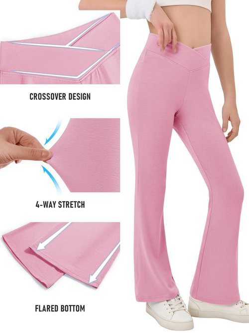 Haloumoning Girls Crossover High Waisted Flare Pants Kids Bootcut Leggings Full Length Bell Bottoms 5-14 Years Pink
