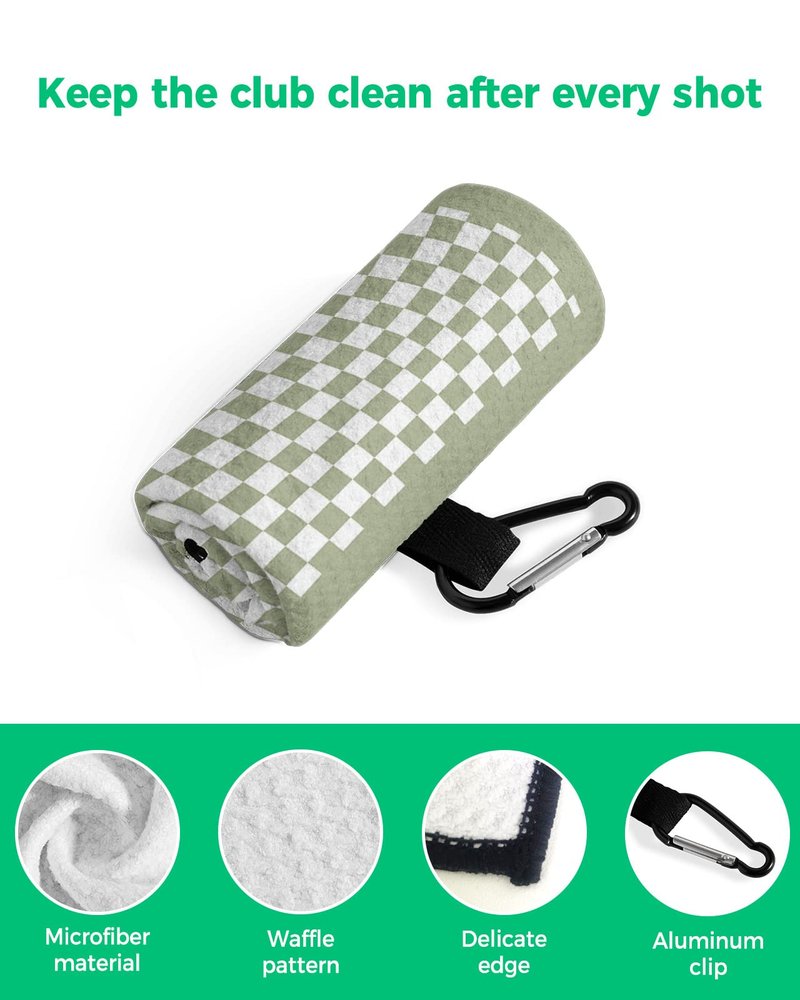 Savannan Golf Towels, Checkerboard Sage Green Checkered Spring Durable Microfiber Waffle Materials Absorbent Golf Accessories with Handy Clip for Women, Men, 24x16 Inch
