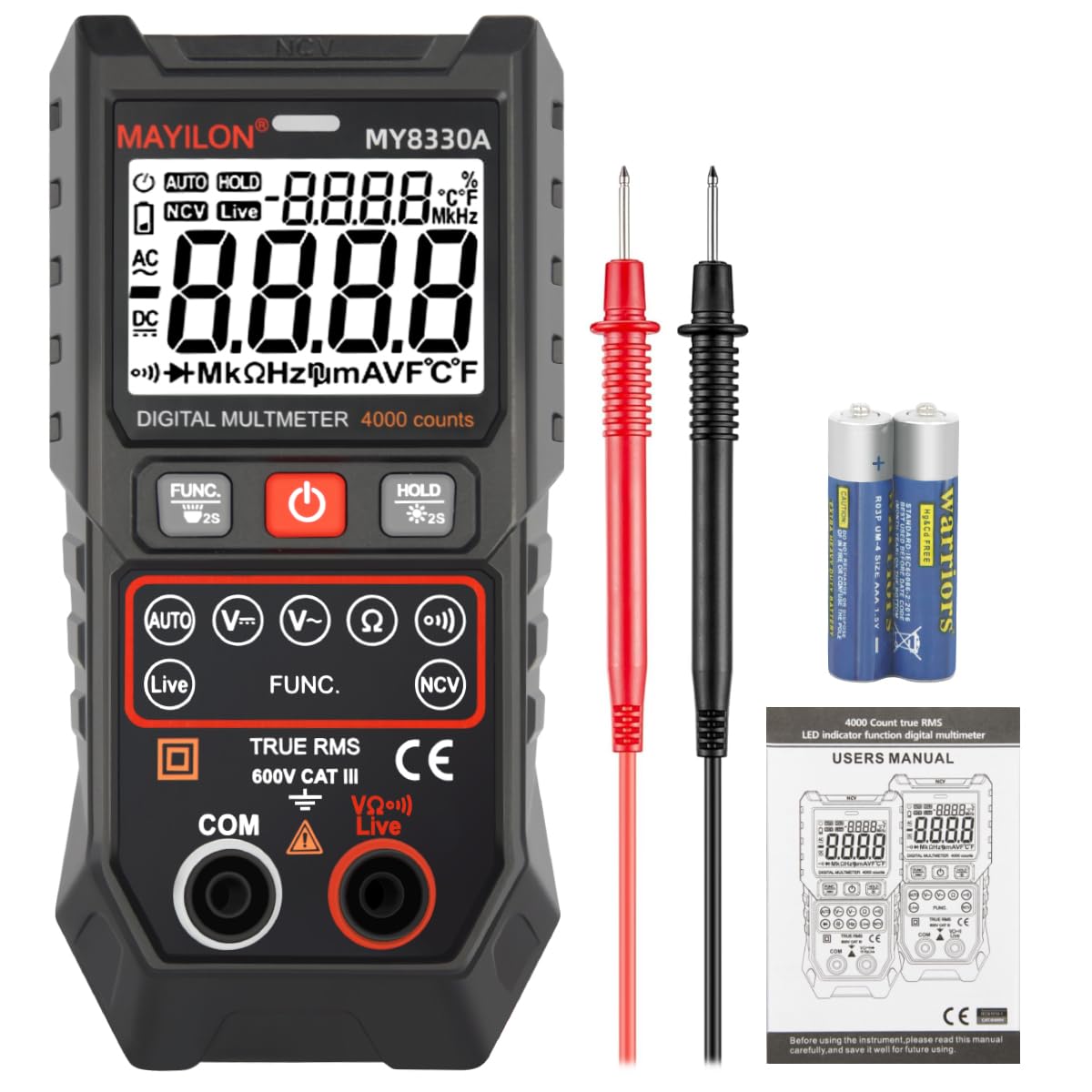 Digital Multimeter TRMS 4000 Counts Multimeter DC AC Voltage Tester Auto-Ranging Voltmeter Amp Meter NCV Live Wire Resistance Continuity Temp for Auto/Home/Electrical MY8330A