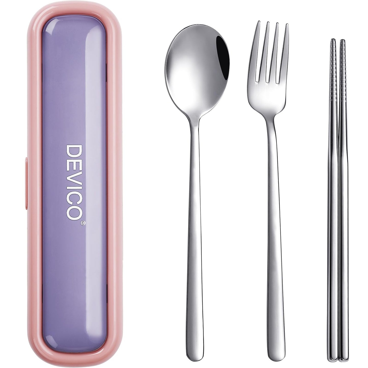 Utensils for Lunch Box, DEVICO Travel Silverware Set with Case, Portable Camping Cutlery, 18/8 Stainless Steel Reusable Korean Spoon Fork Chopsticks for School, Office, Dishwasher Safe (Pink-Purple)