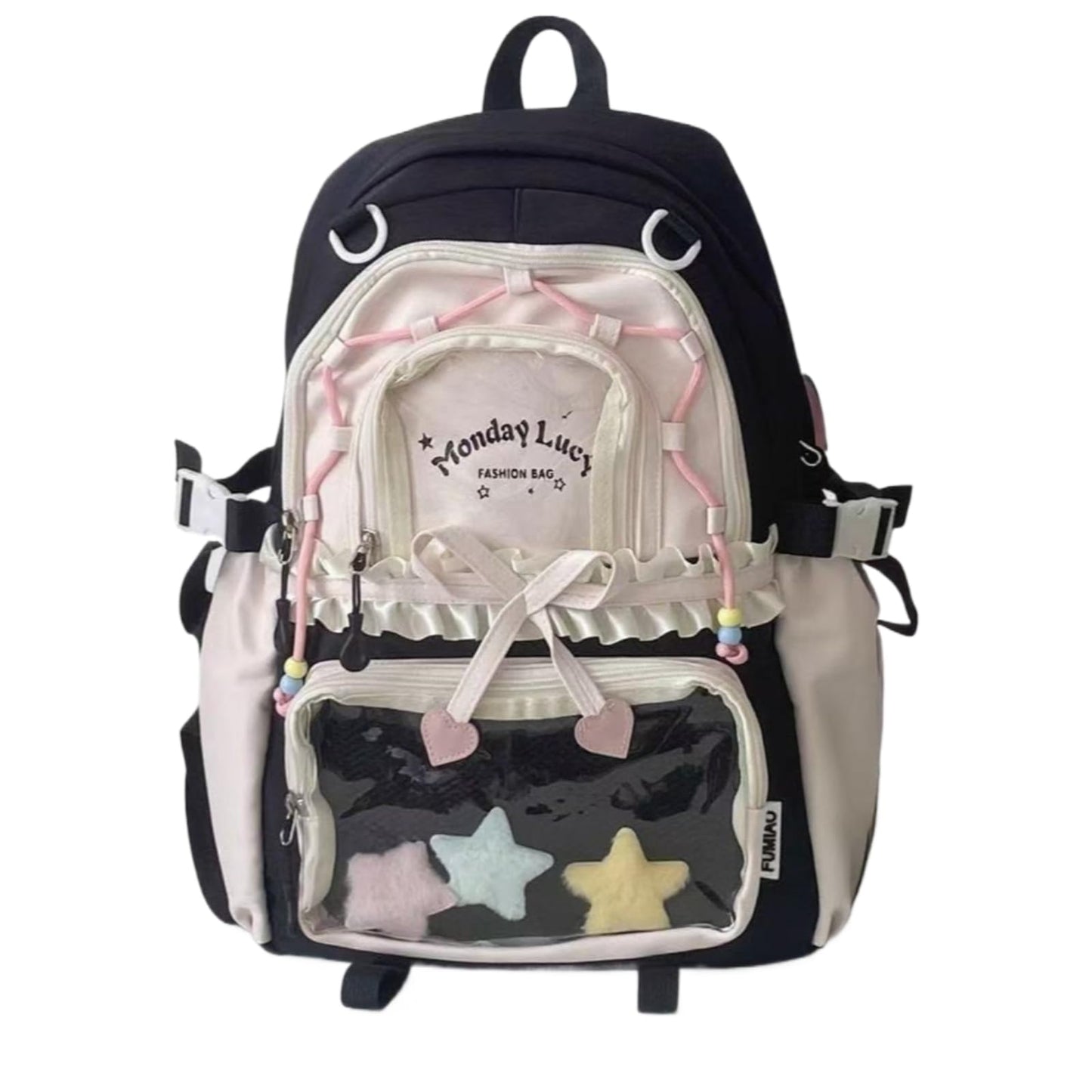 Ita Bag Kawaii Y2K Bookbag Aesthetic Spacious Star Backpack with Bow Pouch for Anime Convention Travel Casual Outing (Black)