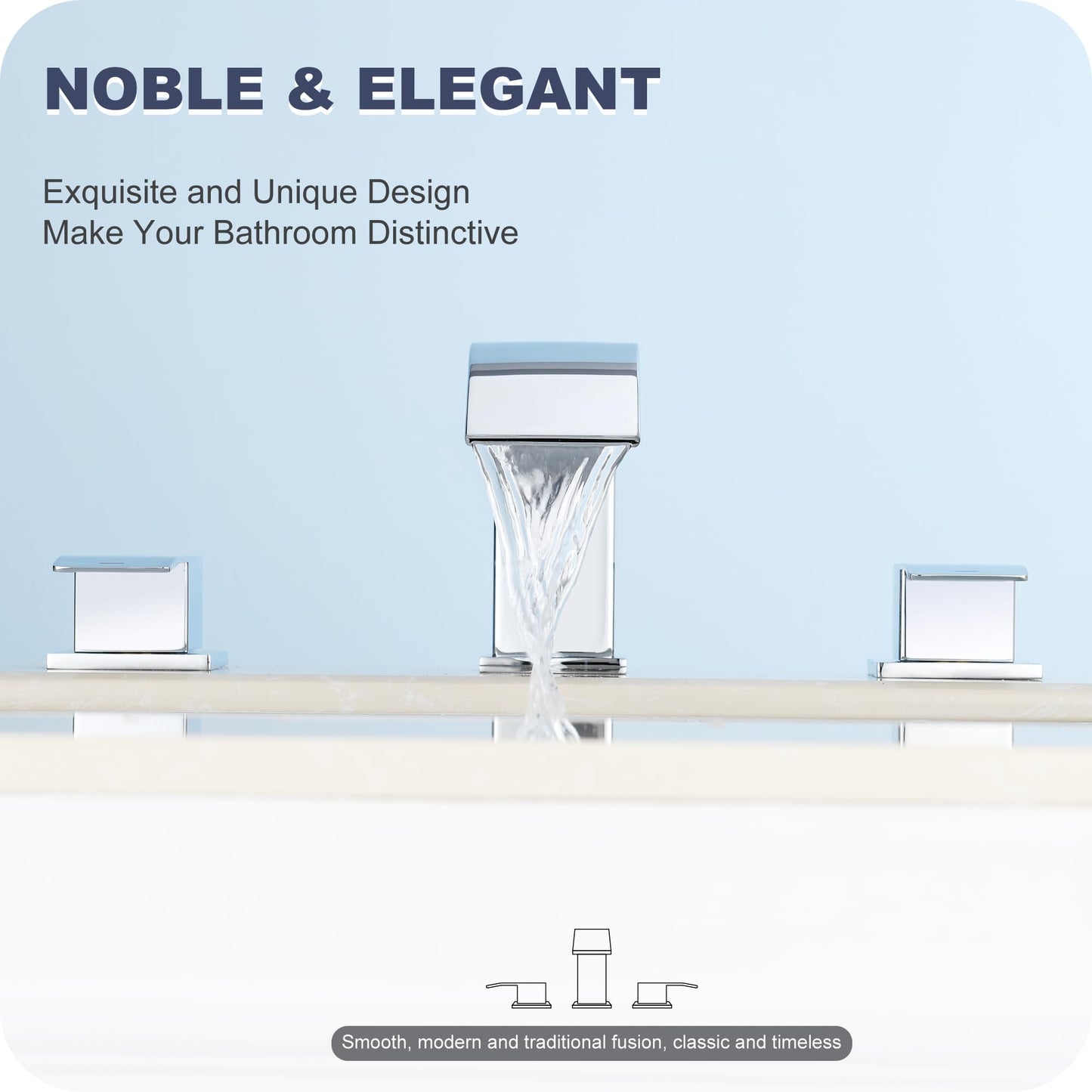 Patent No. : US D967,340 S, GAGALIFE 8 Inch Waterfall Bathroom Faucets for Sink 3 Hole - Chrome Bathroom Faucet with Pop-up Drain, Widespread Bathroom Sink Faucet 2-Handles, Patent No. : US D967,340 S