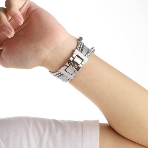 YONWORTH Posh Leather Band Compatible with Fitbit Charge 4 3 Bands, Women Boho Bracelets Wristbands Jewelry Multilayer Wrap Strap Replacement for 4/ 3/ 3SE Accessories (Glitter Silver)