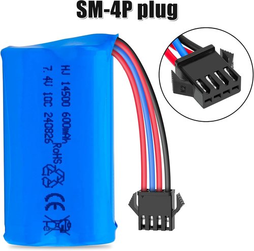 Crazepony 600mAh 7.4V Li-ion Rechargeable Battery - SM-4P Plug & Charger Cable | 2 Pack for RC Boats & Cars