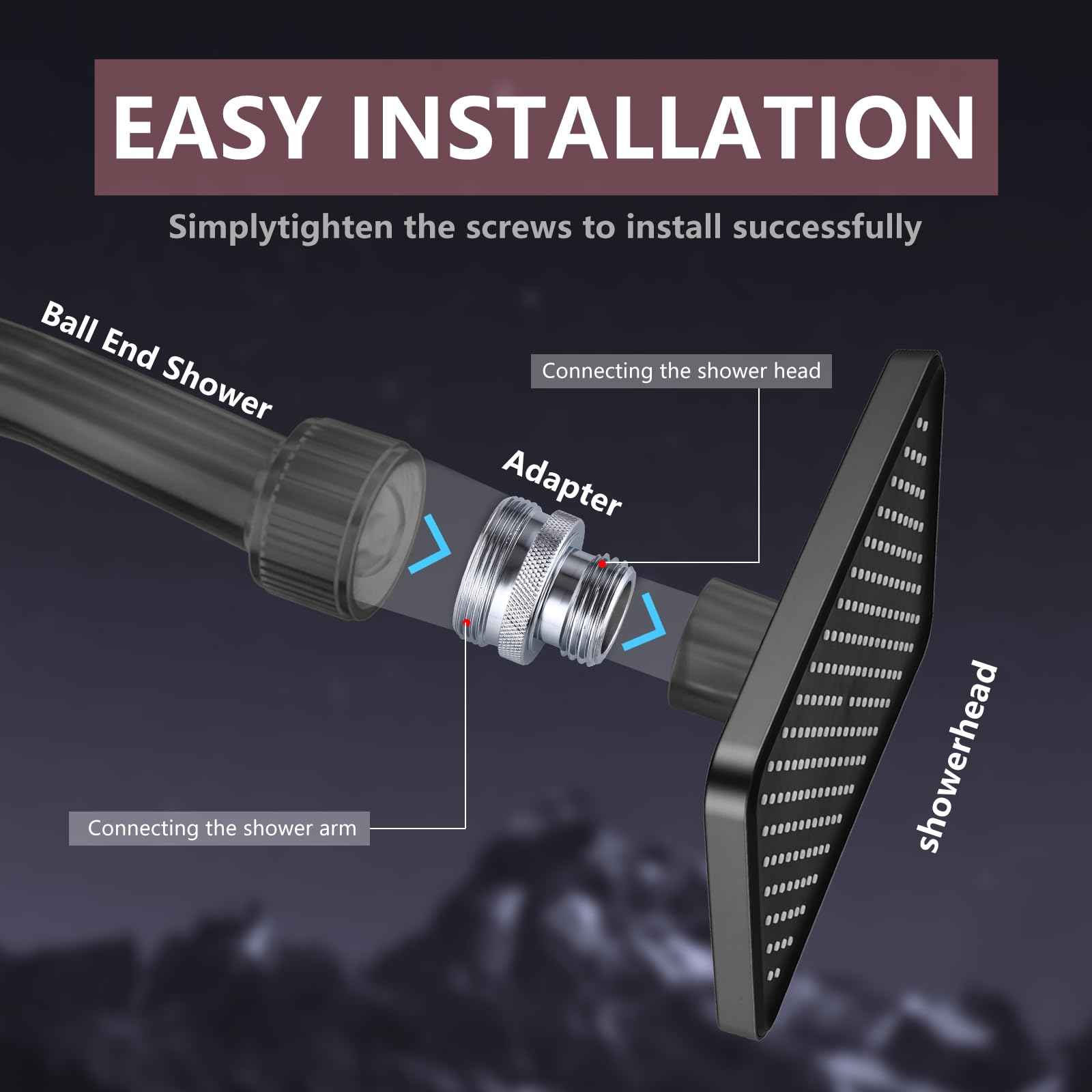 The LUOFANT ball-end shower arm adapter converts the old shower head to a 1/2-inch standard shower head thread. Three models are provided, but they are not universal.